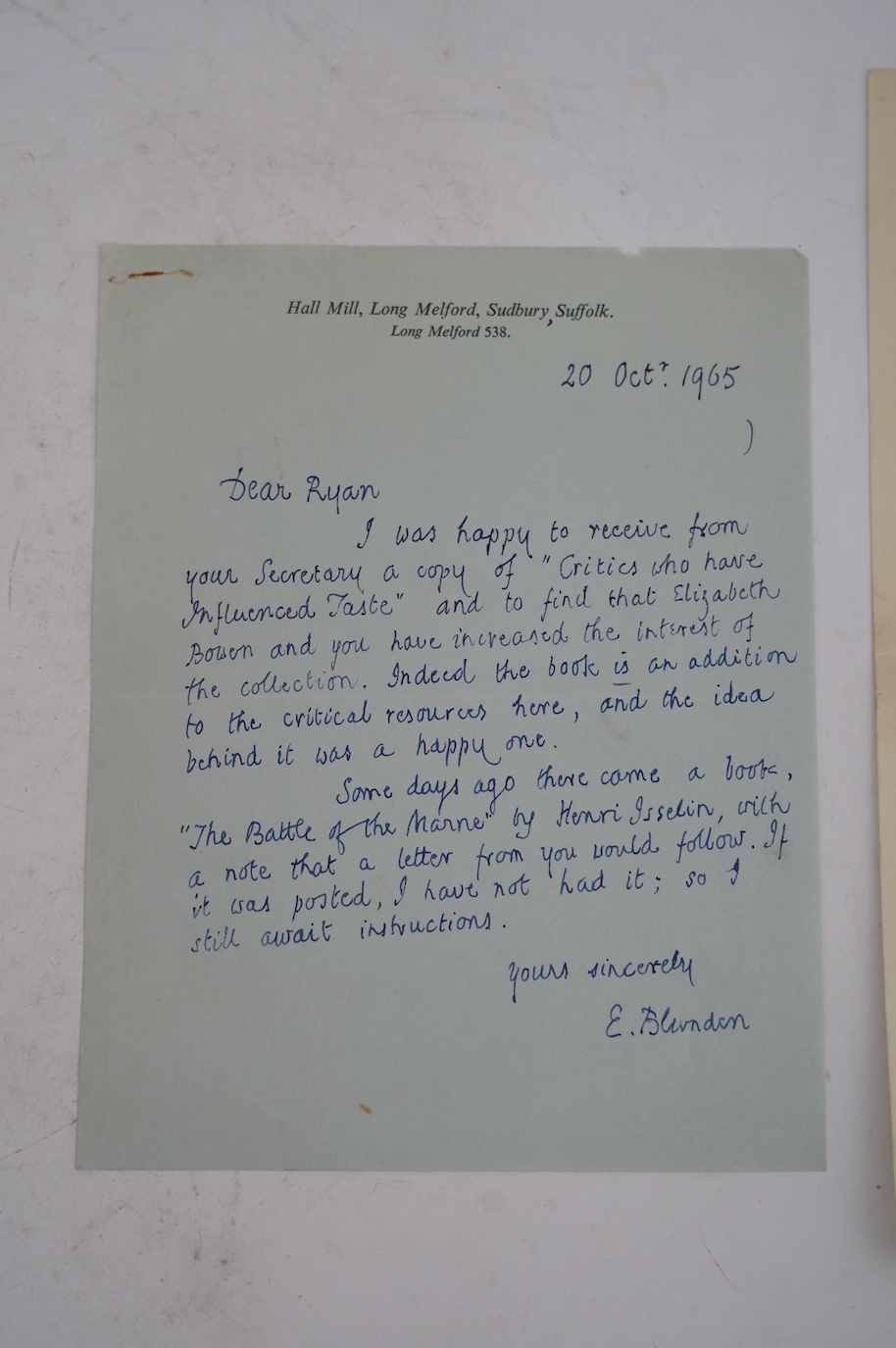 Edmund Blunden (1896-1974), English Poet, Author and Critic who, like his friend Siegfried Sassoon, wrote of his experiences during World War I in both verse and prose. A.L.S., E. Blunden, one page, 8vo